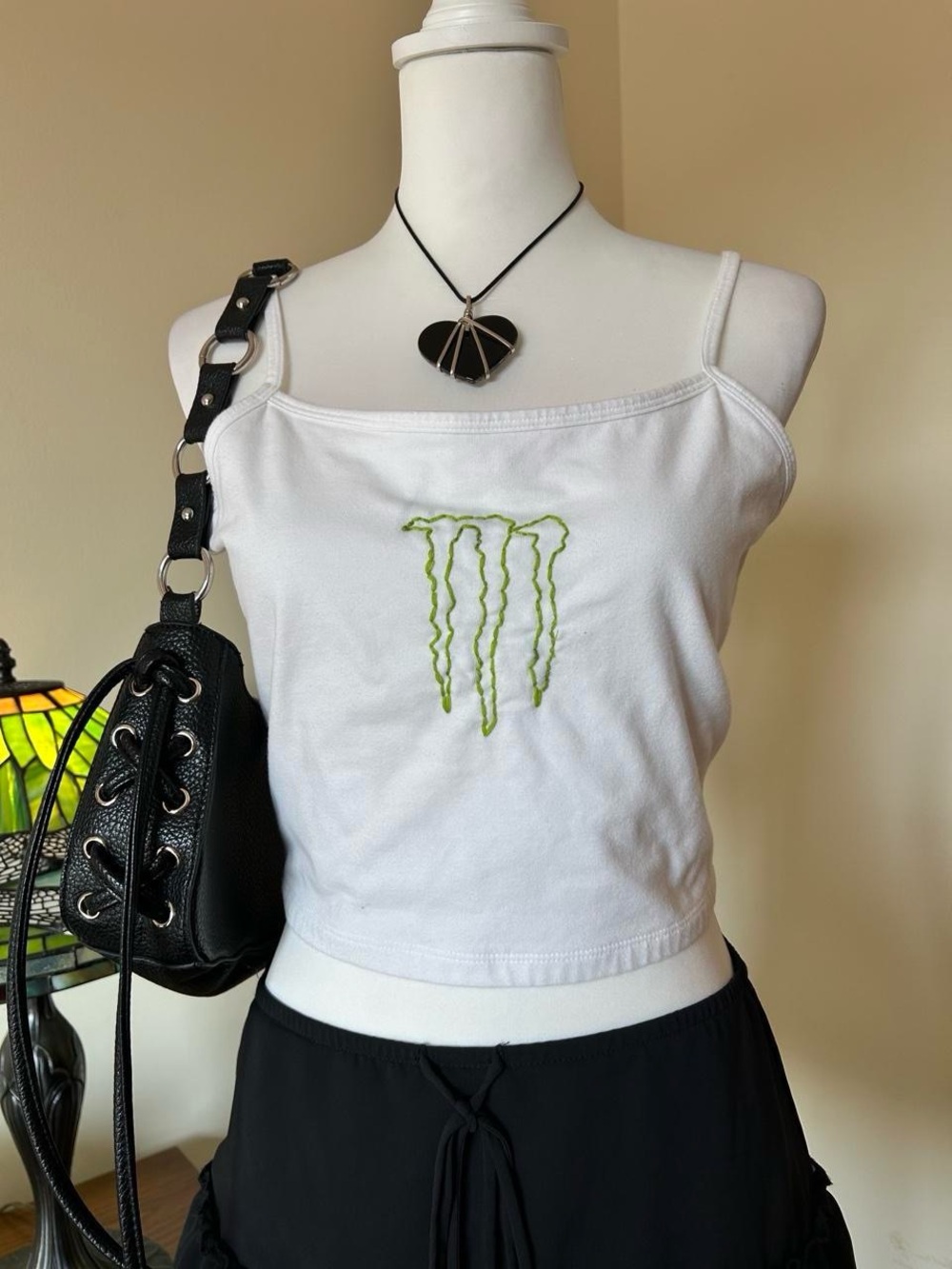 White Spaghetti Strap Tank Top with Green Logo
